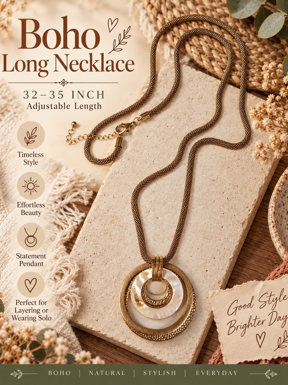 705 Boho Gold-tone Necklace with Mother-of-Pearl Pendant - Adjustable Long Style